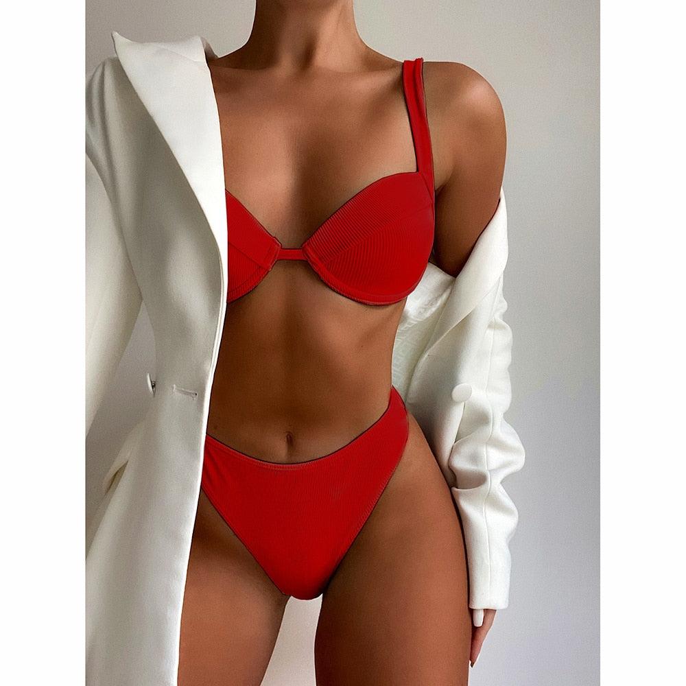 Cute Women Swimwear Pure Color Bikinis Swimsuit Women High Waist String Solid Color 2 Piece Bathing Suits Summer High Cut Push Up Bathing Suit High Waist Beach Wear Breathable Bikini