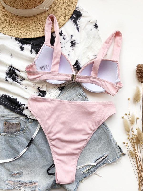 Cute Women Swimwear Pure Color Bikinis Swimsuit Women High Waist String Solid Color 2 Piece Bathing Suits Summer High Cut Push Up Bathing Suit High Waist Beach Wear Breathable Bikini