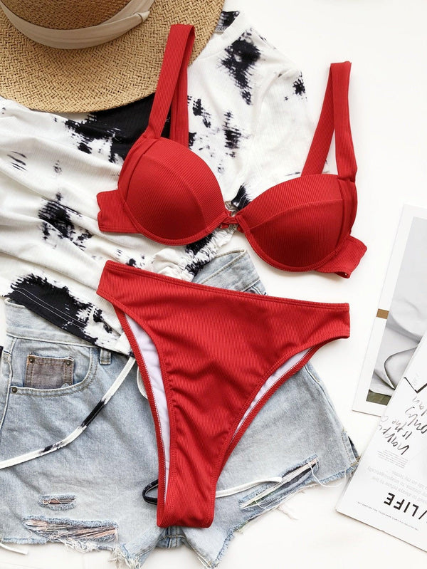 Cute Women Swimwear Pure Color Bikinis Swimsuit Women High Waist String Solid Color 2 Piece Bathing Suits Summer High Cut Push Up Bathing Suit High Waist Beach Wear Breathable Bikini