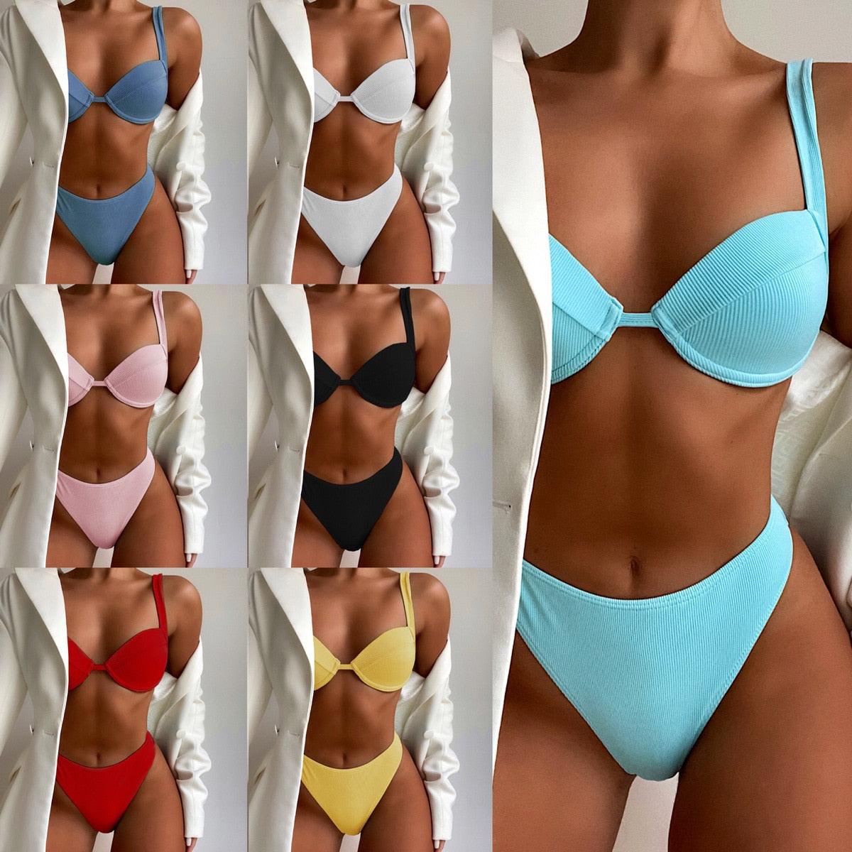 Cute Women Swimwear Pure Color Bikinis Swimsuit Women High Waist String Solid Color 2 Piece Bathing Suits Summer High Cut Push Up Bathing Suit High Waist Beach Wear Breathable Bikini