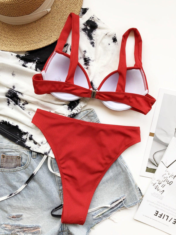 Cute Women Swimwear Pure Color Bikinis Swimsuit Women High Waist String Solid Color 2 Piece Bathing Suits Summer High Cut Push Up Bathing Suit High Waist Beach Wear Breathable Bikini