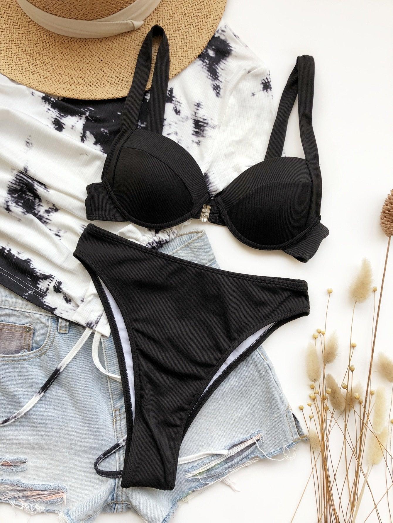 Cute Women Swimwear Pure Color Bikinis Swimsuit Women High Waist String Solid Color 2 Piece Bathing Suits Summer High Cut Push Up Bathing Suit High Waist Beach Wear Breathable Bikini