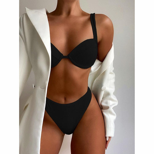 Cute Women Swimwear Pure Color Bikinis Swimsuit Women High Waist String Solid Color 2 Piece Bathing Suits Summer High Cut Push Up Bathing Suit High Waist Beach Wear Breathable Bikini