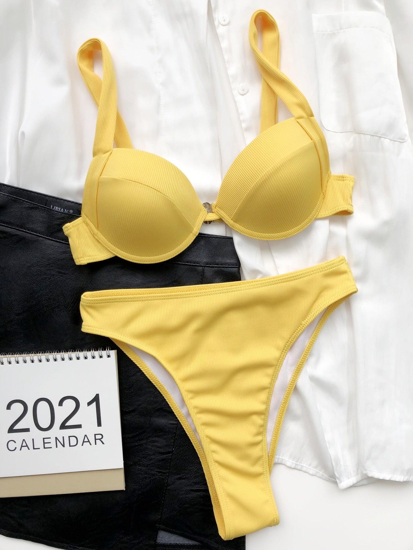 Cute Women Swimwear Pure Color Bikinis Swimsuit Women High Waist String Solid Color 2 Piece Bathing Suits Summer High Cut Push Up Bathing Suit High Waist Beach Wear Breathable Bikini