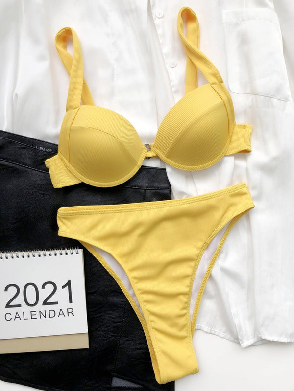 Cute Women Swimwear Pure Color Bikinis Swimsuit Women High Waist String Solid Color 2 Piece Bathing Suits Summer High Cut Push Up Bathing Suit High Waist Beach Wear Breathable Bikini