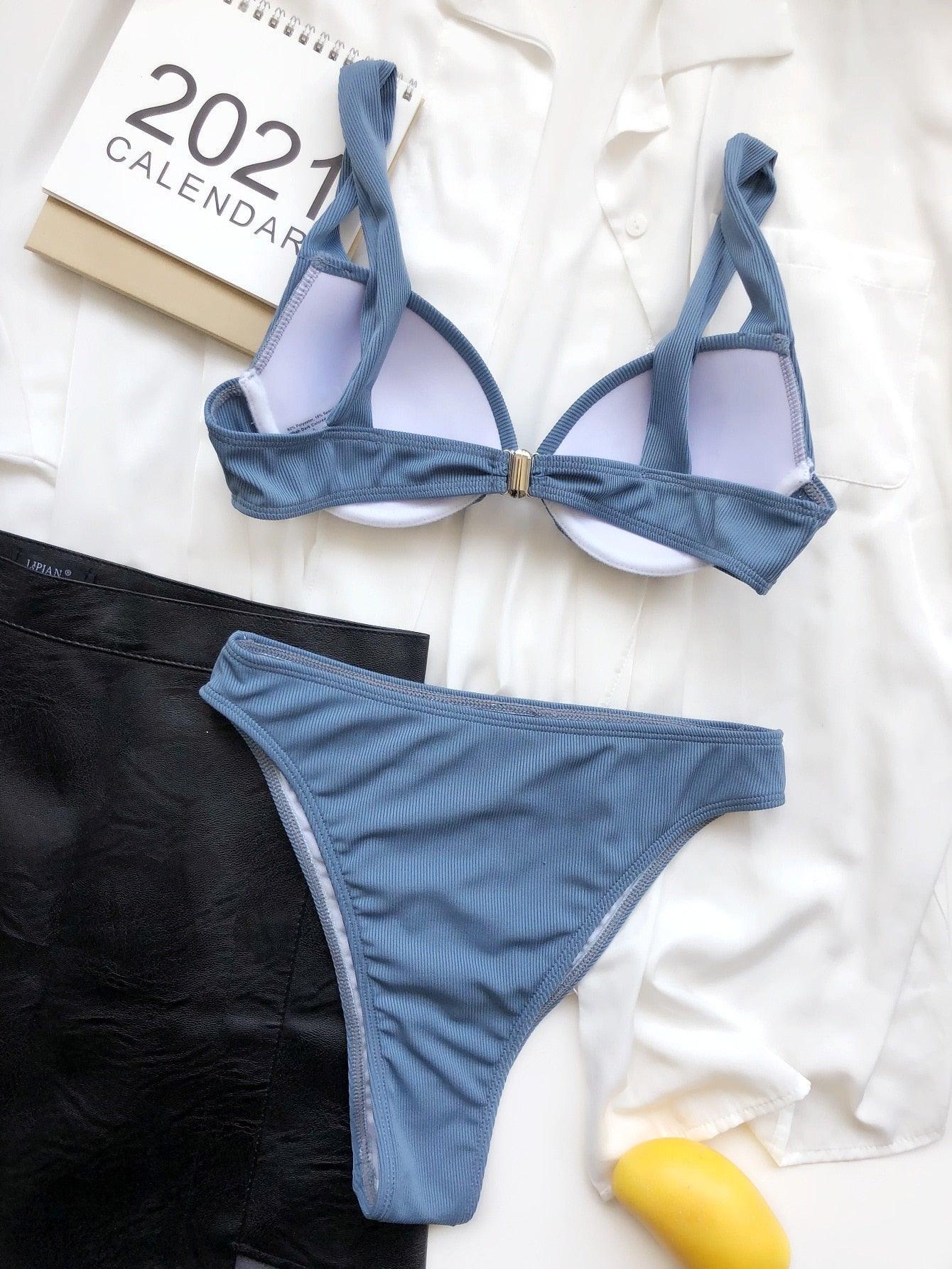 Cute Women Swimwear Pure Color Bikinis Swimsuit Women High Waist String Solid Color 2 Piece Bathing Suits Summer High Cut Push Up Bathing Suit High Waist Beach Wear Breathable Bikini