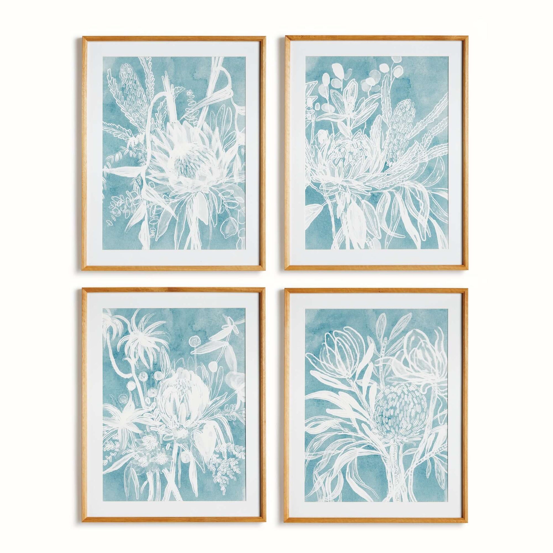 Cyanotype-Inspired Protea Wall Art with Wood Frames (Set of 4)