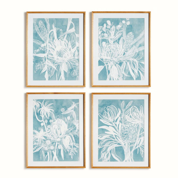 Cyanotype-Inspired Protea Wall Art with Wood Frames (Set of 4)