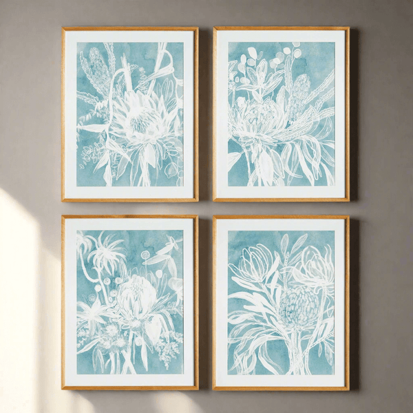 Cyanotype-Inspired Protea Wall Art with Wood Frames (Set of 4)