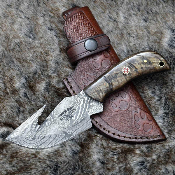 Cyclone Damascus Gut Hook Knife with Ram Horn handle - Gifts for You 'n Me