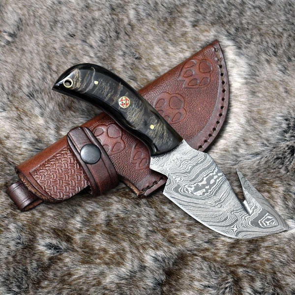 Cyclone Damascus Gut Hook Knife with Ram Horn handle - Gifts for You 'n Me