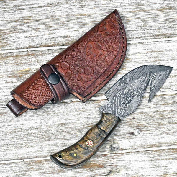 Cyclone Damascus Gut Hook Knife with Ram Horn handle - Gifts for You 'n Me