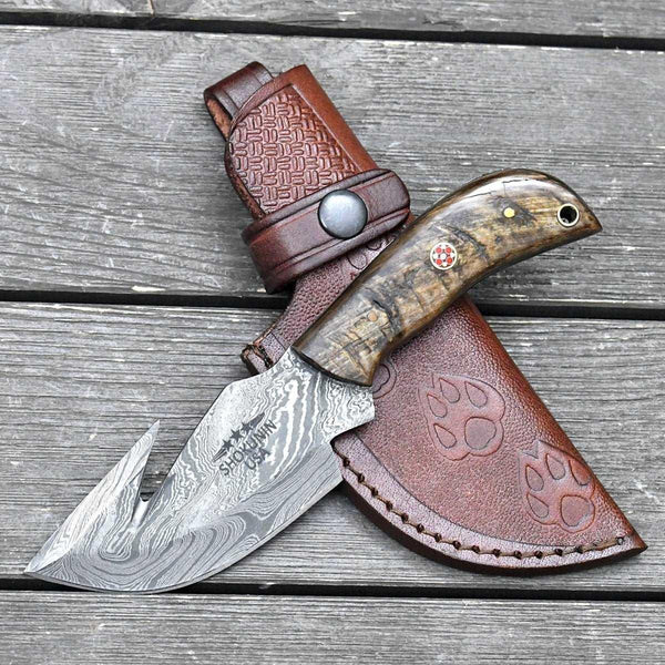 Cyclone Damascus Gut Hook Knife with Ram Horn handle - Gifts for You 'n Me