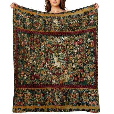 Medieval Unicorn Floral Tapestry Throw Blanket