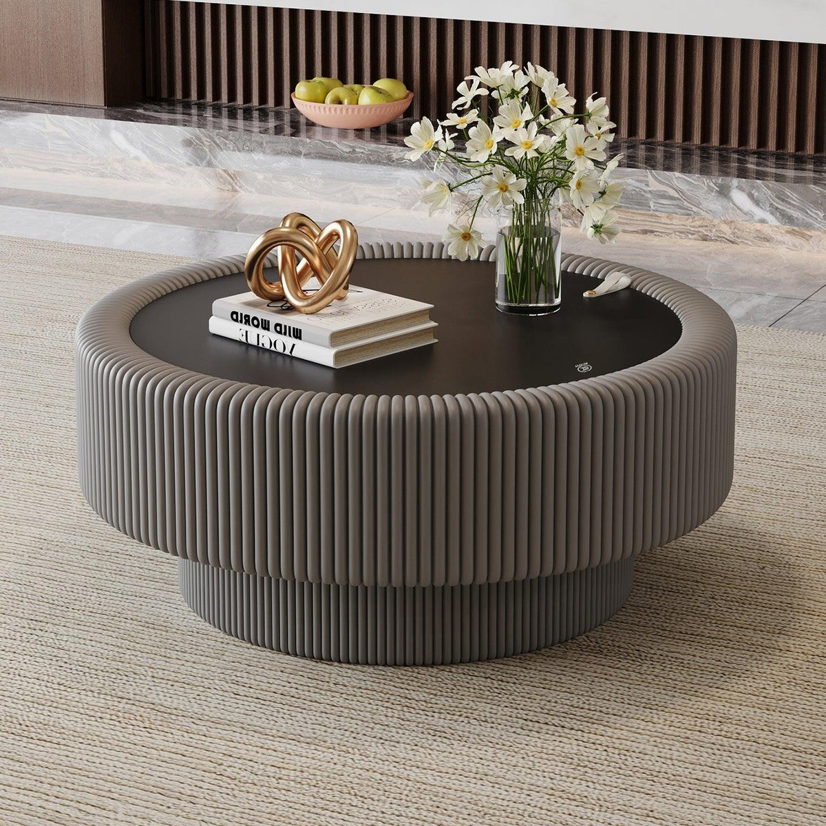 Modern Round Coffee Table with Tempered Glass, Storage – Fluted Leather Design