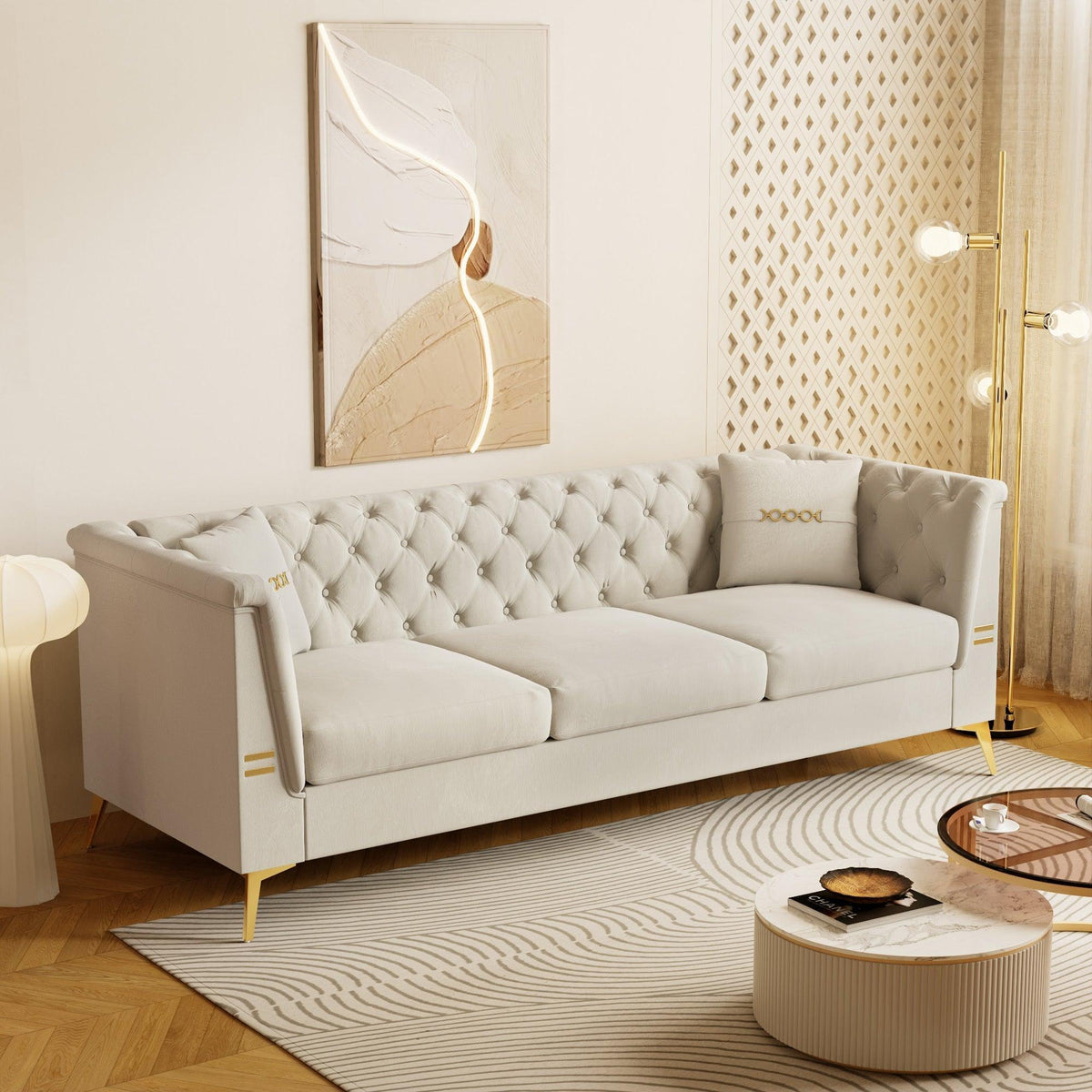 Ivory Velvet 3‑Seat Sofa