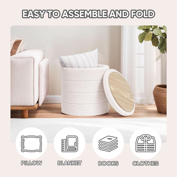 Round Storage Ottoman With Tray White VelvetFabric