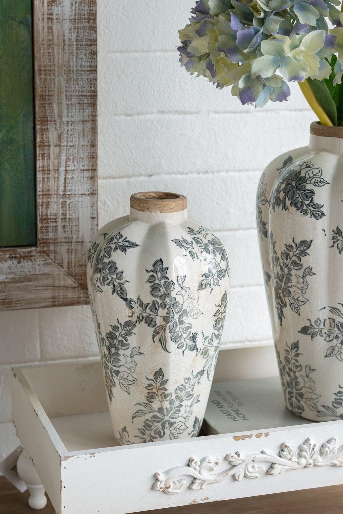 Vintage European Ceramic Vase with Distressed White Finish & Gray Floral Design