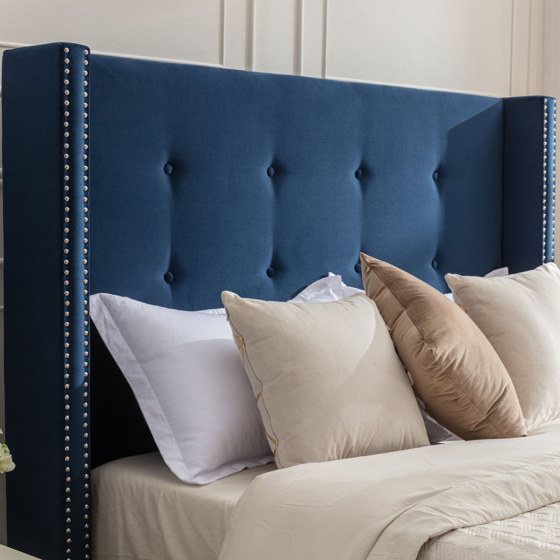 Peyton Upholstered Queen Bed with 54' High Headboard and Traditional Buttoned Tufting in Blue Velvet BLAKHOM