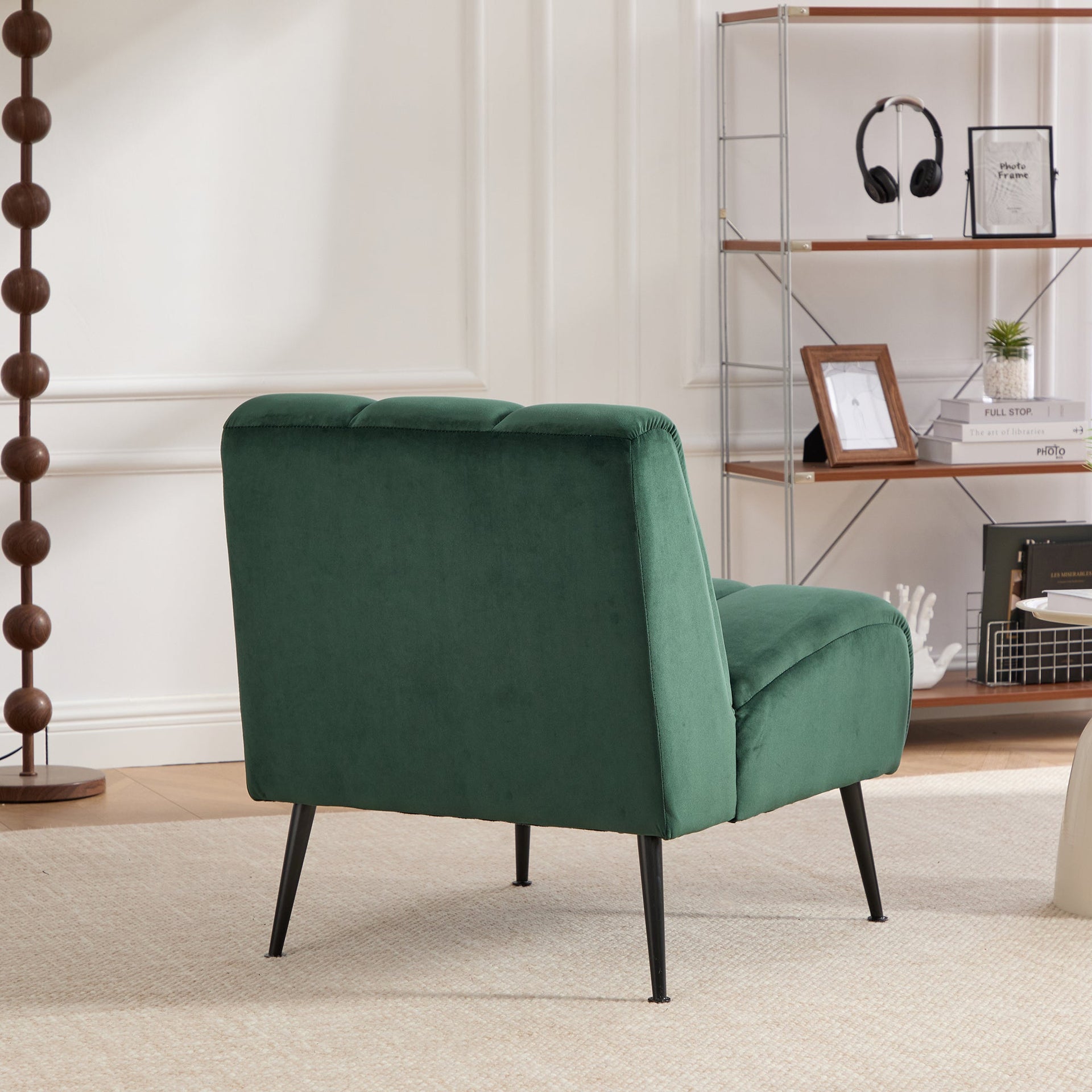 Modern Green Velvet Armless Accent Chair with Black Metal Legs