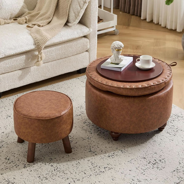 Twenty FourInch Round PU Leatherette Storage Ottoman