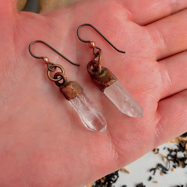 Raw Quartz Earrings - Electroformed Copper | Handmade by Blackbird & Sage