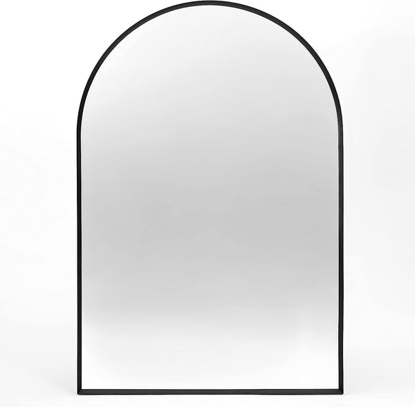 Front view of 24x36 Inch Black Metal Framed Arched Wall Mirror with a sleek, minimalist design perfect for contemporary home and garden decor.