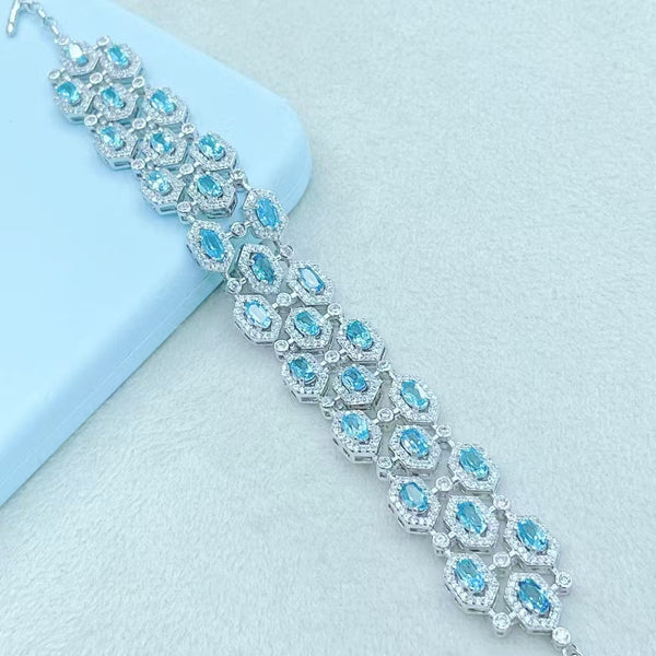 3 Rows Blue Topaz Bracelet 925 Silver WithNatural Stone Bracelet OT Clasp
