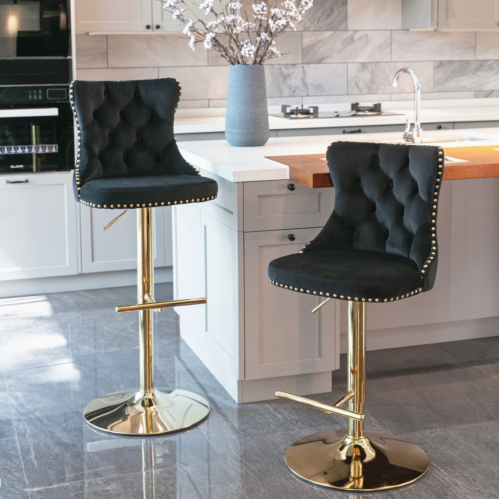 Golden Swivel Velvet Adjustable Barstools with Backs Upholstered Tufted for Home Pub