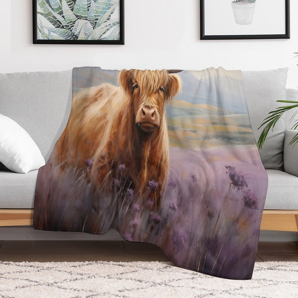 Scottish Highland Cow in Heather Sustainable Throw Blanket