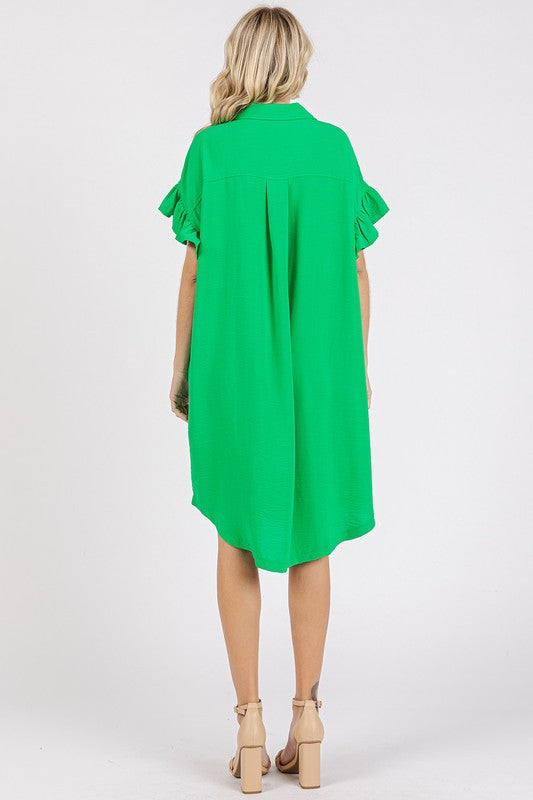 Button Down Flounce Sleeve Dress with Pockets – Casual, Comfortable, Feminine and Functional Dress with Button Front and Flounce Sleeves