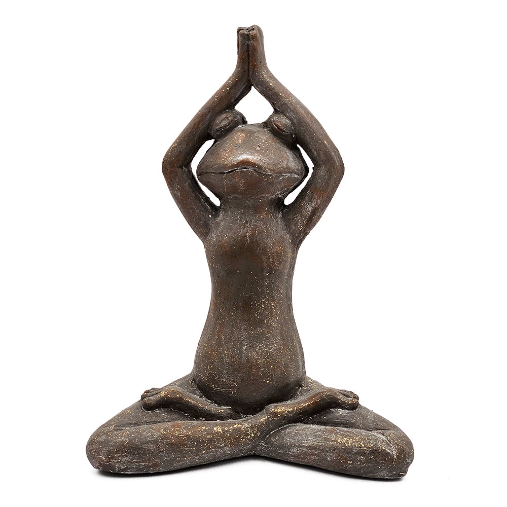 11.5x6.5x15' Brown Magnesium Yoga Frog Figurine in Namaste Pose with Gold Accents