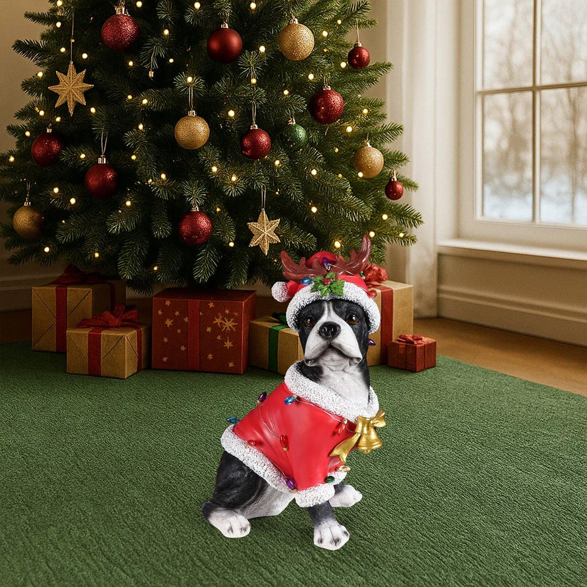 Christmas Boston Terrier Statue, Holiday Dog Figurine in Santa Outfit