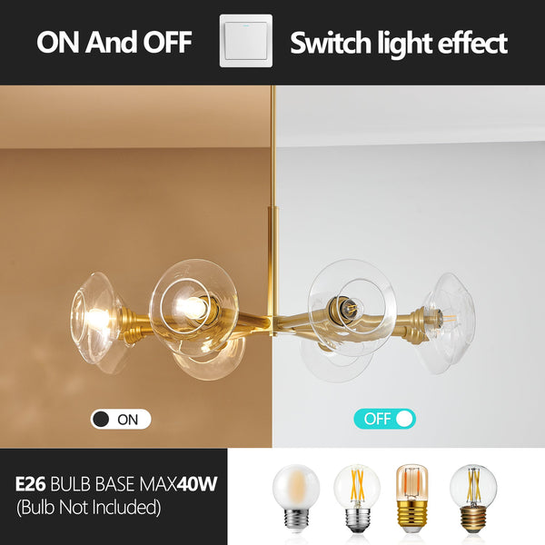 Modern Gold 8-Light Sputnik Chandelier with Clear Glass Shades, Mid-Century Hanging Pendant Light Fixture for Dining Room, Living Room, or Kitchen (Bulb Not Included)