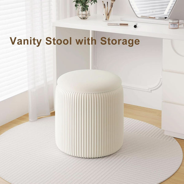White Velvet Upholstered Storage Ottoman Vanity Set