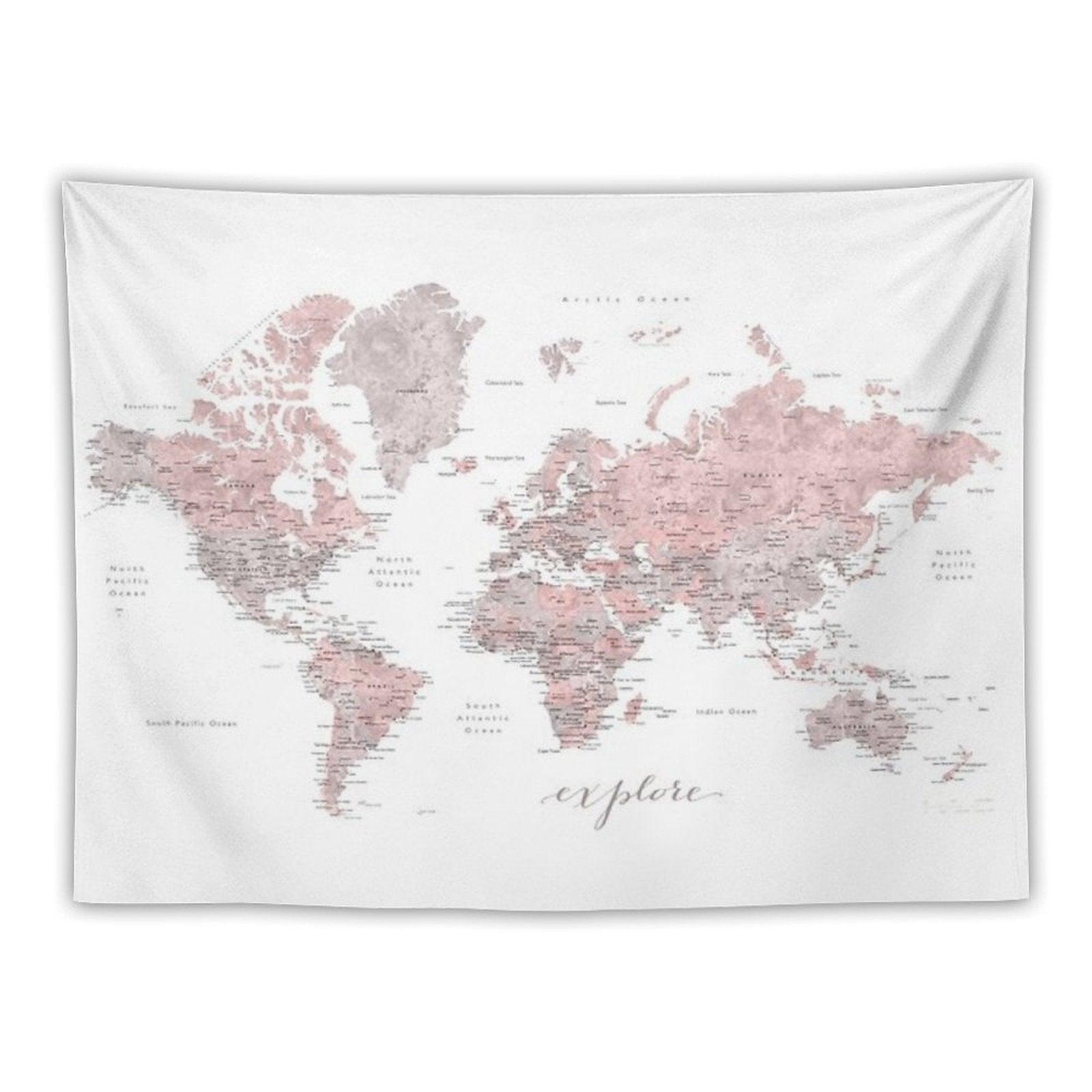 Explore - Dusty Pink And Grey Watercolor World Map, Detailed Tapestry