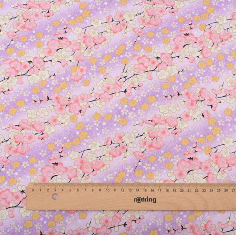 Japanese Floral Cotton Fabric, Handmade Wind-Stamped