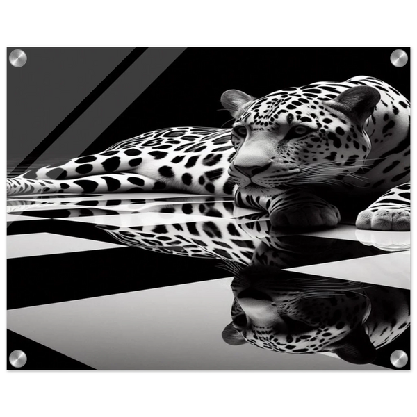 Leopard Acrylic Print on Black and White Checkered Floor – Glossy Finish Wall Art