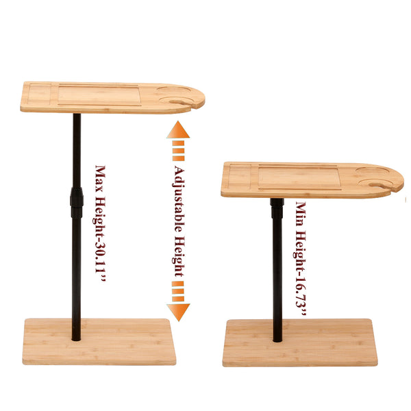 Comparison of maximum and minimum height settings of the bamboo couch tray table. Adjustable from 16.73 to 30.11 inches.