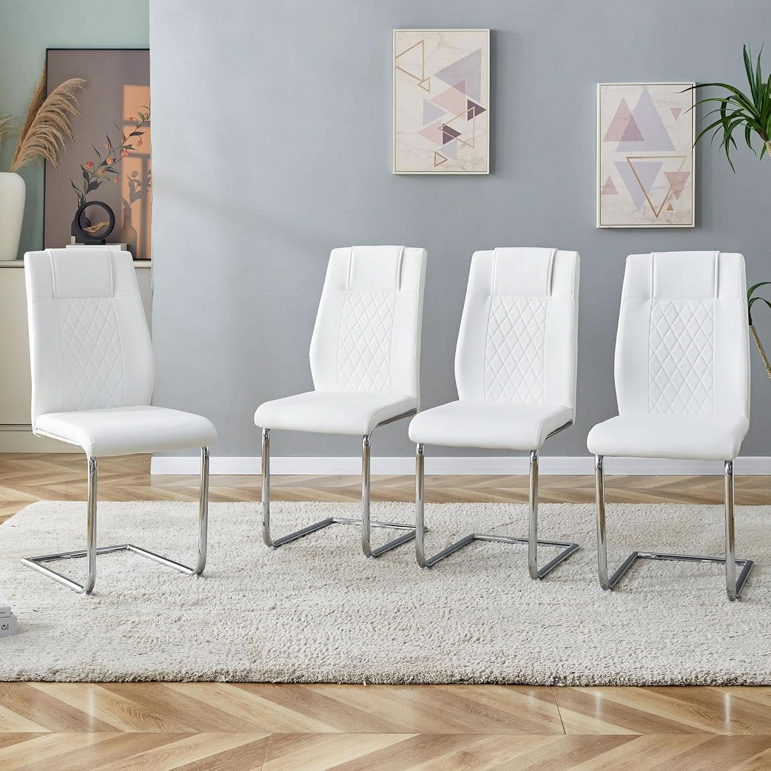 White Faux Leather Dining Chairs Four Pack Chrome Finish