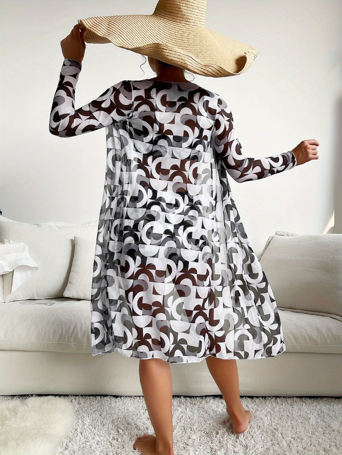 Luxe Lines 3-Piece Geometric Bikini Set for Women – High Rise Drawstring Bikini with Boxer Shorts & Long Sleeve Sheer Kimono Cover-Up – Bold & Breezy Women’s Swimwear for Summer Beach Pool & Getaways