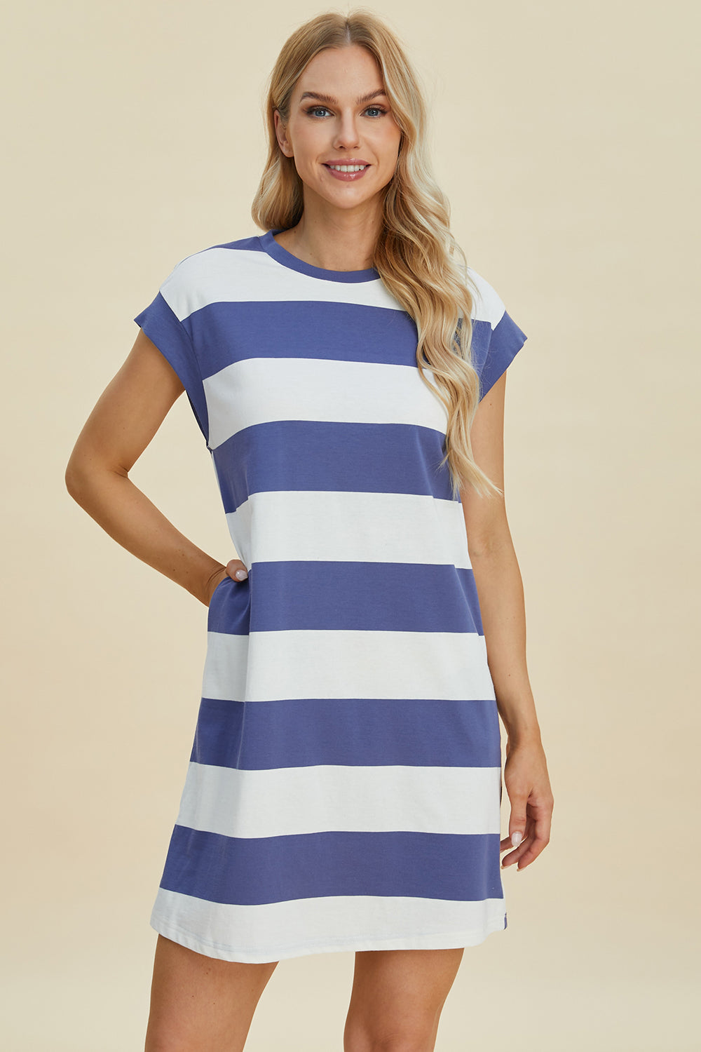 Full Size Striped Round Neck Cap Sleeve Mini Dress For Women – Striped Mini Dress, Full-Size Round Neck Dress, Comfortable Cap Sleeve Dress, Chic Striped Dress, Flattering Mini Dress, Casual Everyday Dress, Versatile Striped Dress