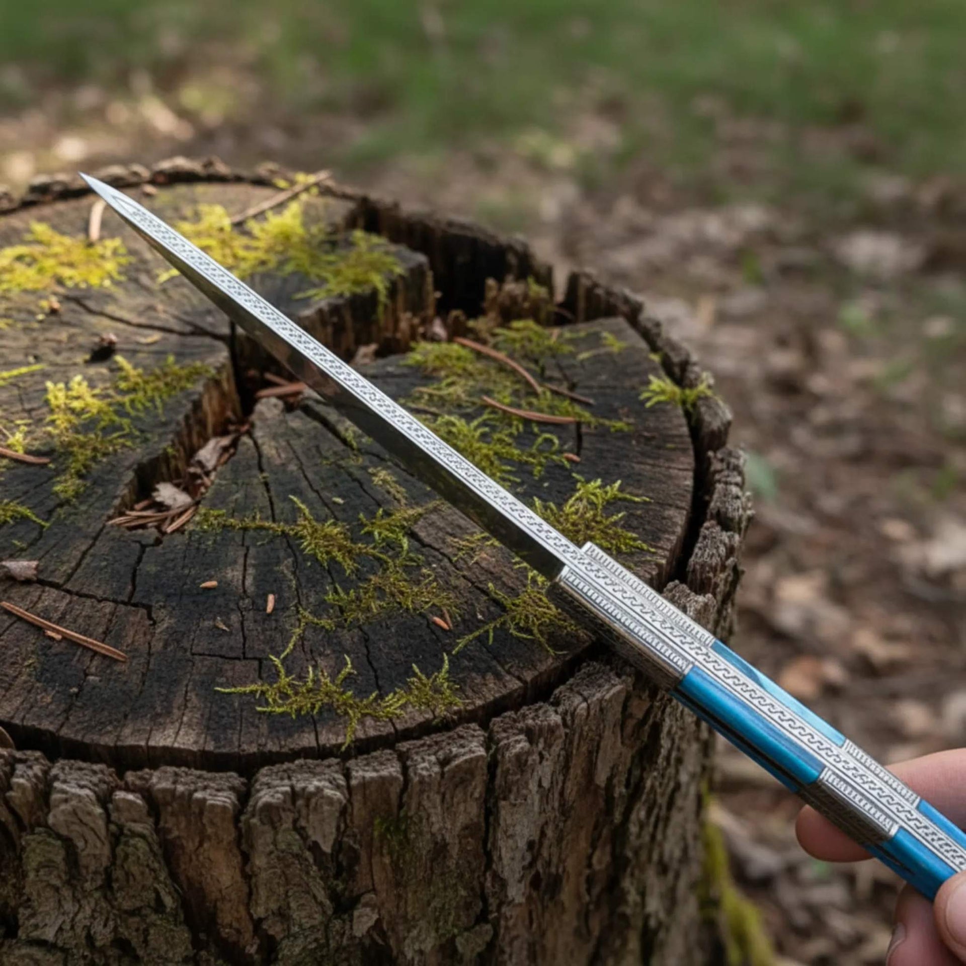 Hand Engraved D2 Hunting Knife Tinted Camel Bone Handle
