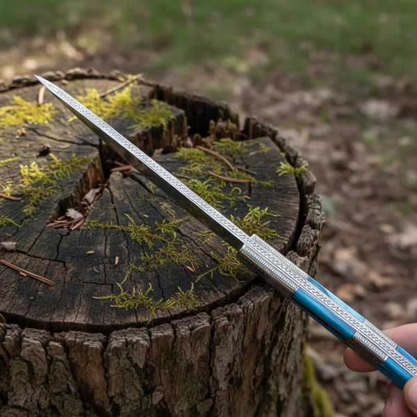 Hand Engraved D2 Hunting Knife Tinted Camel Bone Handle