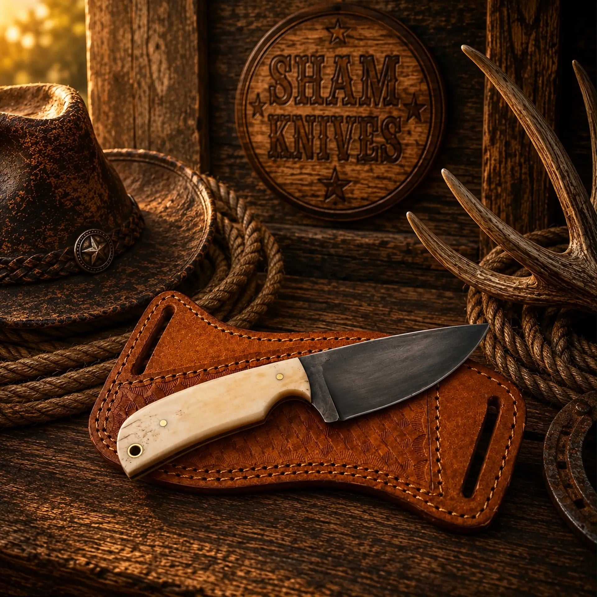 Bone Handle Buckaroo Knife – D2 Acid Wash & Horizontal Sheath