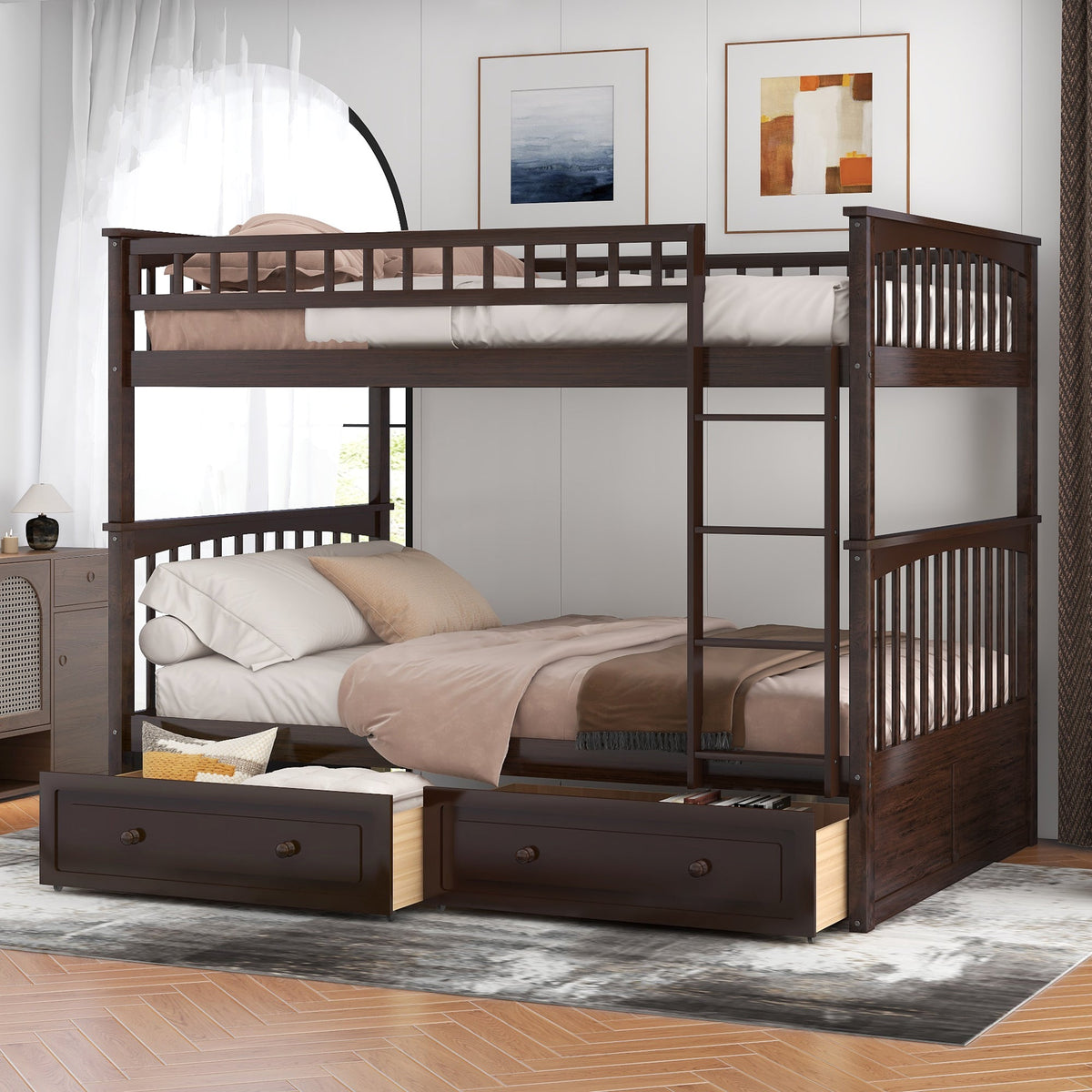 Full Over Full Bunk Bed With Drawers, Convertible Beds, Gray
