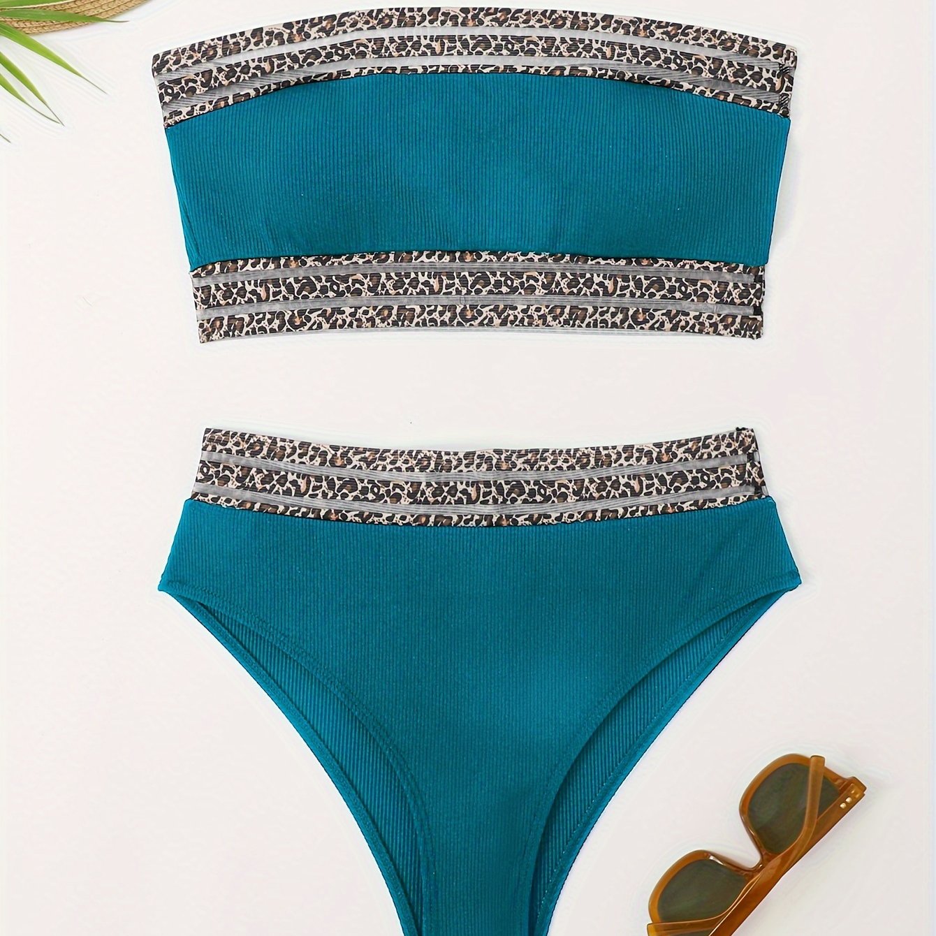 Bikini Leopard Print High Waist Bandeau 2 Piece Swimsuit for Women – Super Stretchy Bikini Set with Seductive Mesh Detail and Flattering Fit – Chic Animal Print Swimwear for Beachwear Poolside and Summer Vacations