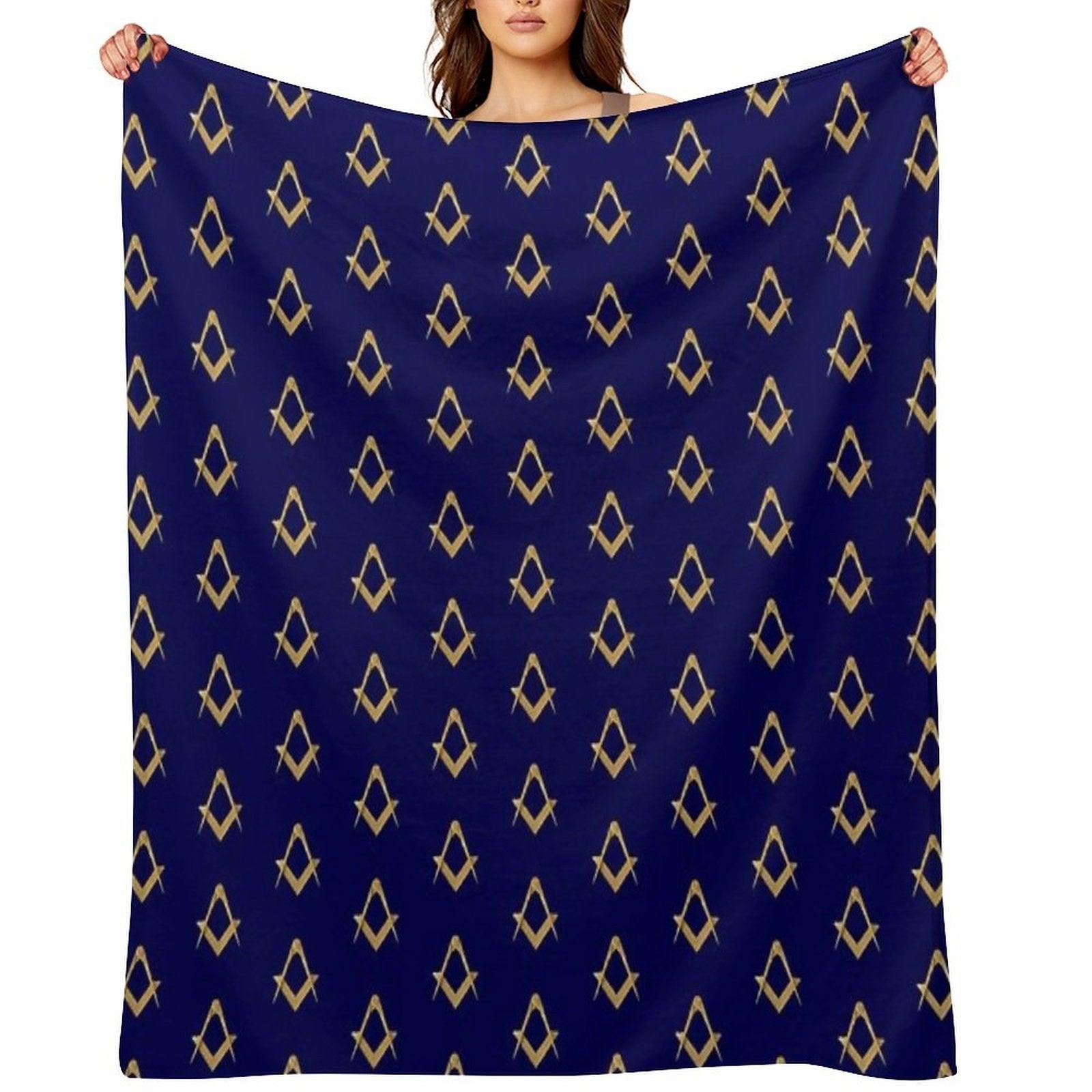 Freemason Pattern Gold Blue Square & Compass Masonic Throw Blanket