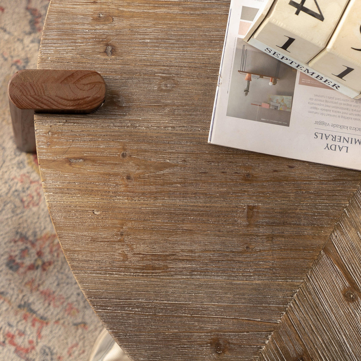 Rustic Round Wood Coffee Table with Herringbone Top