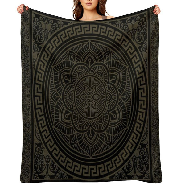Ornate Baroque Army Green Black Meander Greek Key Flower Premium Throw Blanket